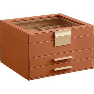 imageSONGMICS Jewelry Box Organizer with Glass Lid 3Layer Jewelry Storage with 2 Drawers Modern Style 8 x 91 x 53 Inches Cloud White and Gold Color UJBC239WTCaramel Brown  Gold