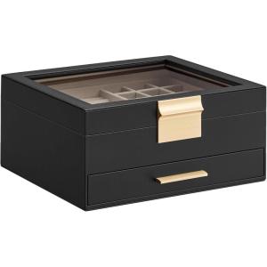 imageSONGMICS Jewelry Box Organizer with Glass Lid 3Layer Jewelry Storage with 2 Drawers Modern Style 8 x 91 x 53 Inches Cloud White and Gold Color UJBC239WTGraphite Black  Gold