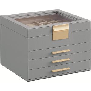 imageSONGMICS Jewelry Box Organizer with Glass Lid 3Layer Jewelry Storage with 2 Drawers Modern Style 8 x 91 x 53 Inches Cloud White and Gold Color UJBC239WTDove Gray  Gold