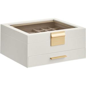 imageSONGMICS Jewelry Box Organizer with Glass Lid 3Layer Jewelry Storage with 2 Drawers Modern Style 8 x 91 x 53 Inches Cloud White and Gold Color UJBC239WTCloud White  Gold