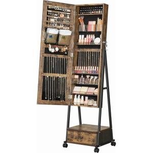 imageSONGMICS Jewelry Cabinet Floor Standing Lockable Jewelry Organizer with High FullLength Mirror Bottom Drawer Shelf Wheels Jewelry Armoire Gift Idea Rustic Brown and Black UJJC004X01Rustic Brown  Black