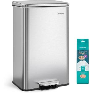 imageSONGMICS Kitchen Trash Can 105 Gallon 40 L Garbage Can Large Step Trash Bin with Lid Stainless Steel Soft Close 15 Trash Bags Included Silver ULTB540E40Silver
