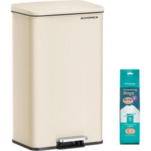 imageSONGMICS Kitchen Trash Can 105 Gallon 40 L Garbage Can Large Step Trash Bin with Lid Stainless Steel Soft Close 15 Trash Bags Included Silver ULTB540E40Sand Beige