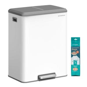 imageSONGMICS Kitchen Trash Can 16 Gallon 2 x 8 Gallon Dual Compartment Garbage Can 60L Pedal Recycling Bin Stays Open and Soft Close Stainless Steel 15 Bags Included Metallic Silver ULTB202E01Cloud White