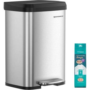 imageSONGMICS Kitchen Trash Can 18Gallon Stainless Steel Garbage Can with StayOpen Lid and Stepon Pedal Soft Closure Tall Large and SpaceSaving Silver and Black ULTB520E68Silver  Black