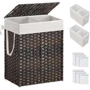 imageSONGMICS Laundry Hamper with Lid 110L Clothes Hamper with 2 Removable Liner Bags 6 Mesh Bags Wicker Laundry Basket Double Laundry Hamper for Bathroom 13 x 224 x 236 Inches Natural ULCB52NLBrown