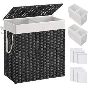 imageSONGMICS Laundry Hamper with Lid 110L Clothes Hamper with 2 Removable Liner Bags 6 Mesh Bags Wicker Laundry Basket Double Laundry Hamper for Bathroom 13 x 224 x 236 Inches Natural ULCB52NLBlack