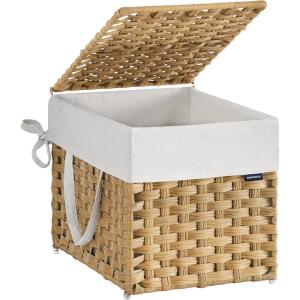 imageSONGMICS Laundry Hamper with Lid 238 Gallon 90 L Synthetic Rattan Clothes Laundry Basket with Lid and Handles Foldable Removable Liner Goose Yellow ULCB51NLGoose Yellow