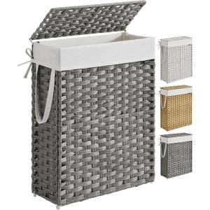 imageSONGMICS Laundry Hamper with Lid 238 Gallon 90 L Synthetic Rattan Clothes Laundry Basket with Lid and Handles Foldable Removable Liner Goose Yellow ULCB51NLDove Gray