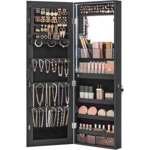 imageSONGMICS Mirror Jewelry Cabinet Armoire Organizer Wall or Door Mount Storage Cabinet with FullLength Frameless Lighted Mirror Builtin Makeup Mirror 2 Drawers Lockable White UJJC013W01Black