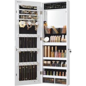 imageSONGMICS Mirror Jewelry Cabinet Armoire Organizer Wall or Door Mount Storage Cabinet with FullLength Frameless Lighted Mirror Builtin Makeup Mirror 2 Drawers Lockable White UJJC013W01White