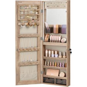 imageSONGMICS Mirror Jewelry Cabinet Armoire Organizer Wall or Door Mount Storage Cabinet with FullLength Frameless Lighted Mirror Builtin Makeup Mirror 2 Drawers Lockable White UJJC013W01Camel Brown
