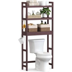 imageSONGMICS Over The Toilet Storage 3Tier Over Toilet Bathroom Organizer with Adjustable Shelf 102 x 248 x 669 Inches SpaceSaving Cloud White UBTS01WTBrown