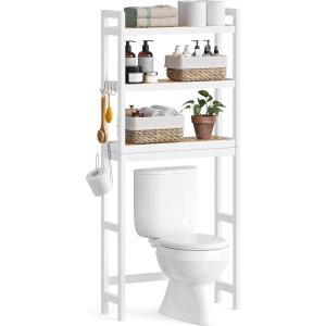 imageSONGMICS Over The Toilet Storage 3Tier Over Toilet Bathroom Organizer with Adjustable Shelf 102 x 248 x 669 Inches SpaceSaving Cloud White UBTS01WTCloud White  Natural Beige