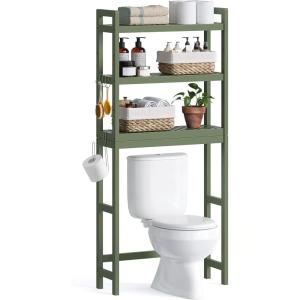 imageSONGMICS Over The Toilet Storage 3Tier Over Toilet Bathroom Organizer with Adjustable Shelf 102 x 248 x 669 Inches SpaceSaving Cloud White UBTS01WTForest Green