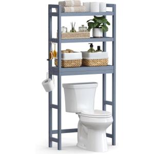 imageSONGMICS Over The Toilet Storage 3Tier Over Toilet Bathroom Organizer with Adjustable Shelf 102 x 248 x 669 Inches SpaceSaving Cloud White UBTS01WTGrey