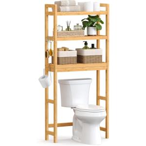 imageSONGMICS Over The Toilet Storage 3Tier Over Toilet Bathroom Organizer with Adjustable Shelf 102 x 248 x 669 Inches SpaceSaving Cloud White UBTS01WTNatural Beige