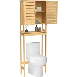 imageSONGMICS Over The Toilet Storage Cabinet Bathroom Cabinet with Adjustable Inside Shelf and Bottom Stabilizer Bar SpaceSaving Toilet Rack Natural Beige UBTS010N01Natural Beige