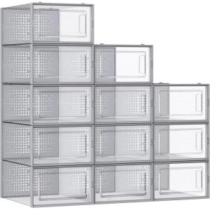 imageSONGMICS Shoe Boxes Pack of 12 Shoe Storage Organizers Stackable Clear Plastic Boxes for Closet Sneakers 131 x 91 x 56 Inches Transparent and White ULSP12SWTTransparent  Gray