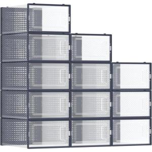imageSONGMICS Shoe Boxes Pack of 12 Shoe Storage Organizers Stackable Clear Plastic Boxes for Closet Sneakers 131 x 91 x 56 Inches Transparent and White ULSP12SWTTransparent  Charcoal Blue