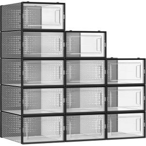 imageSONGMICS Shoe Boxes Pack of 12 Shoe Storage Organizers Stackable Clear Plastic Boxes for Closet Sneakers 131 x 91 x 56 Inches Transparent and White ULSP12SWTTransparent  Black