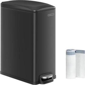 imageSONGMICS Slim Trash Can 13Gallon 50 L Garbage Can for Narrow Spaces with SoftClose Lid Inner Bucket and Stepon Pedal Stainless Steel 15 Trash Bags Included Silver ULTB510E48Black