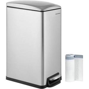 imageSONGMICS Slim Trash Can 13Gallon 50 L Garbage Can for Narrow Spaces with SoftClose Lid Inner Bucket and Stepon Pedal Stainless Steel 15 Trash Bags Included Silver ULTB510E48Silver