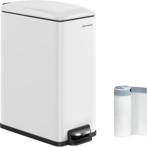 imageSONGMICS Slim Trash Can 13Gallon 50 L Garbage Can for Narrow Spaces with SoftClose Lid Inner Bucket and Stepon Pedal Stainless Steel 15 Trash Bags Included Silver ULTB510E48White