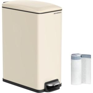 imageSONGMICS Slim Trash Can 13Gallon 50 L Garbage Can for Narrow Spaces with SoftClose Lid Inner Bucket and Stepon Pedal Stainless Steel 15 Trash Bags Included Silver ULTB510E48Sand Beige