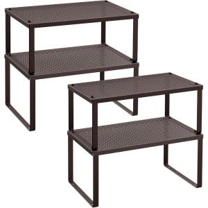 imageSONGMICS Spice Racks Set of 2 Metal Cabinet Shelf Organizers Countertop Organizers Shelf Risers Stackable Expandable Silver UKCS01SVBrown