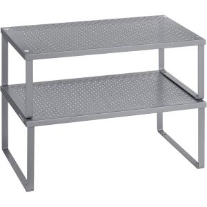 imageSONGMICS Spice Racks Set of 2 Metal Cabinet Shelf Organizers Countertop Organizers Shelf Risers Stackable Expandable Silver UKCS01SVSilver