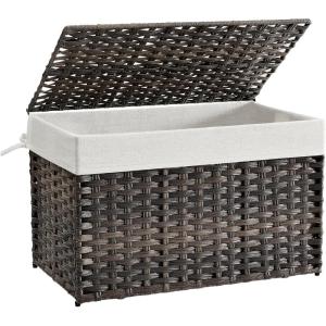 imageSONGMICS Storage Basket with Lid 423 Gallon 160L Storage Bin Woven Blanket Storage Basket with Handles Foldable Removable Liner Metal Frame for Bedroom Laundry Room Brown URST76BRBrown