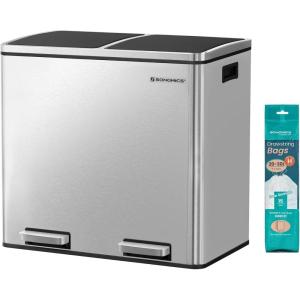 imageSONGMICS Trash Can 2 x 63Gallon 2 x 24L Dual Garbage Can Pedal Recycle Bin with Lids and Inner Buckets for Small Kitchens Stainless Steel Soft Closure Airtight Silver ULTB48NL