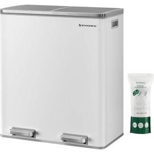 imageSONGMICS Trash Can 2 x 8 Gallon 2 x 30 L Garbage Can for Kitchen with 15 Trash Bags 2 Compartments Plastic Inner Buckets and Hinged Lids Airtight Silver and Black ULTB60NLWhite  Gray