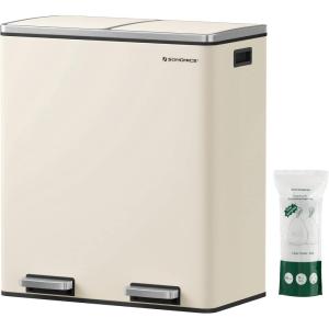imageSONGMICS Trash Can 2 x 8 Gallon 2 x 30 L Garbage Can for Kitchen with 15 Trash Bags 2 Compartments Plastic Inner Buckets and Hinged Lids Airtight Silver and Black ULTB60NLAlmond Color