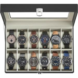 imageSONGMICS Watch Box 12Slot Watch Case with Large Glass Lid Removable Watch Pillows Watch Box Organizer Gift for Loved Ones Black Synthetic Leather Gray Lining UJWB12BKBlack  Greenish Beige