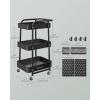 imageSONGMICS 3Tier Storage Cart Rolling Utility Cart Metal Mesh Shelves 2 Removable Pegboards 2 Hanging Holders 4 Hooks Craft Cart for Living Room Kitchen Office Bathroom Ink Black ULRC037B01Ink Black