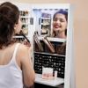 imageSONGMICS 6 LEDs Lockable Mirror Jewelry Cabinet 360 Swivel Jewelry Organizer Armoire Standing Frameless FullLength Mirror 3 Storage Shelves Rustic Brown Surface Black Lining UJJC007X01White  Black