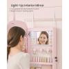 imageSONGMICS Jewelry Organizer LED Jewelry Cabinet WallDoor Mounted Lockable Rounded Wide Mirror with Storage Interior Mirror 39 x 165 x 425 Inches White Surface with Greige LiningJelly Pink  Cream White