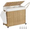 imageSONGMICS Laundry Hamper with Lid 423 Gallons 160 L Rolling Laundry Basket with Wheels 3Section Synthetic Rattan Removable Liner Bedroom 276 x 142 x 26 Inches Natural ULCB365N01Natural