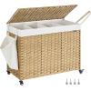imageSONGMICS Laundry Hamper with Lid 423 Gallons 160 L Rolling Laundry Basket with Wheels 3Section Synthetic Rattan Removable Liner Bedroom 276 x 142 x 26 Inches Natural ULCB365N01Natural