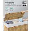 imageSONGMICS Laundry Hamper with Lid 423 Gallons 160 L Rolling Laundry Basket with Wheels 3Section Synthetic Rattan Removable Liner Bedroom 276 x 142 x 26 Inches Natural ULCB365N01Natural