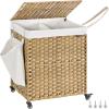 imageSONGMICS Laundry Hamper with Lid 423 Gallons 160 L Rolling Laundry Basket with Wheels 3Section Synthetic Rattan Removable Liner Bedroom 276 x 142 x 26 Inches Natural ULCB365N01Natural