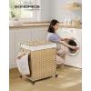 imageSONGMICS Laundry Hamper with Lid 423 Gallons 160 L Rolling Laundry Basket with Wheels 3Section Synthetic Rattan Removable Liner Bedroom 276 x 142 x 26 Inches Natural ULCB365N01Natural