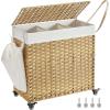 imageSONGMICS Laundry Hamper with Lid 423 Gallons 160 L Rolling Laundry Basket with Wheels 3Section Synthetic Rattan Removable Liner Bedroom 276 x 142 x 26 Inches Natural ULCB365N01Natural