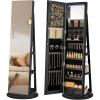 imageSONGMICS 6 LEDs Lockable Mirror Jewelry Cabinet 360 Swivel Jewelry Organizer Armoire Standing Frameless FullLength Mirror 3 Storage Shelves Rustic Brown Surface Black Lining UJJC007X01Black