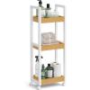 imageSONGMICS Bamboo Rolling Cart 3Tier Utility Cart on Wheels Slim Narrow Storage Shelf Bamboo Shelves SpaceSaving Multifunctional for Bathroom Kitchen White and Natural UBCB083N02White  Natural