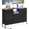 imageSONGMICS Dresser for Bedroom Fabric Dresser with Power Outlets and LED Lights TV Stand for up to 60 Inch TVs 25 Colors 118 x 472 x 313 Inches Ink Black and Rustic Brown ULTS518B01Ink Black  Rustic Brown