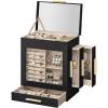imageSONGMICS Jewelry Box with Glass Window 5Layer Jewelry Organizer with 3 Side Drawers Jewelry Storage with Big Mirror Modern 61 x 103 x 126 Inches Cloud White and Metallic Gold UJBC162W01Ink Black  Metallic Gold