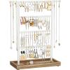 imageSONGMICS Jewelry Organizer 4Tier Earring Holder Organizer Stand with Base Tray for Studs and Necklaces Vintage Wood Color and White UJJS019W01Wood Color  White